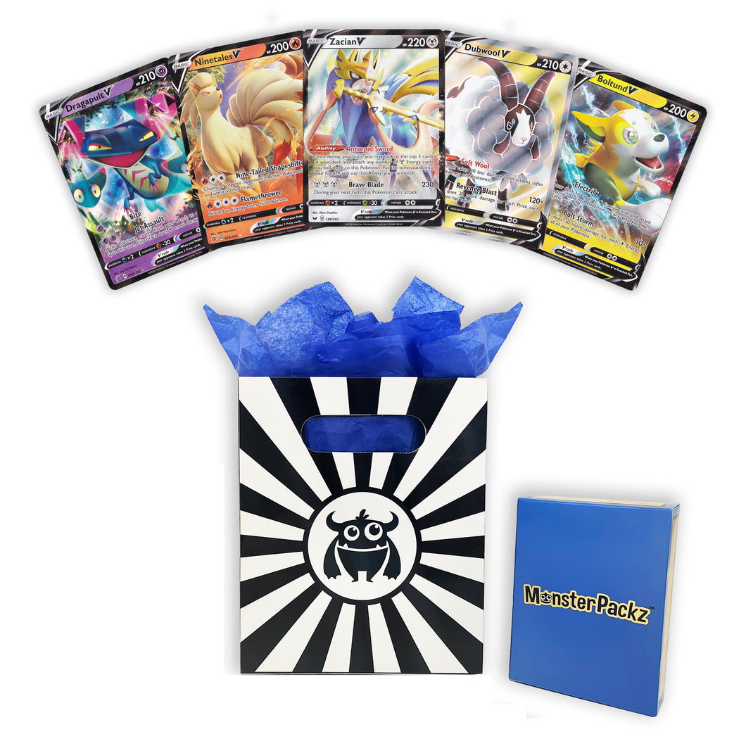 5 Authentic V Pokémon Cards! Plus Monster Packz Gift Bag & Card Box